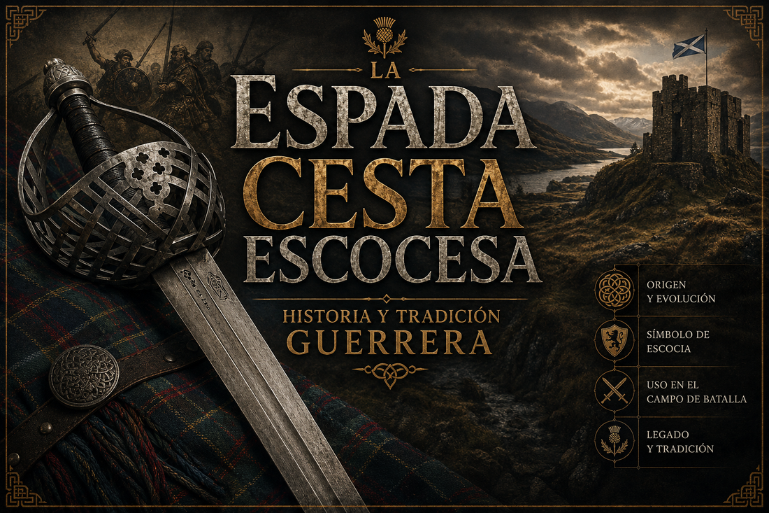 Imagen de una Espada Cesta Escocesa con fondo de construcción y soldados de época, y el título del artículo al frente