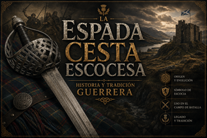 Imagen de una Espada Cesta Escocesa con fondo de construcción y soldados de época, y el título del artículo al frente