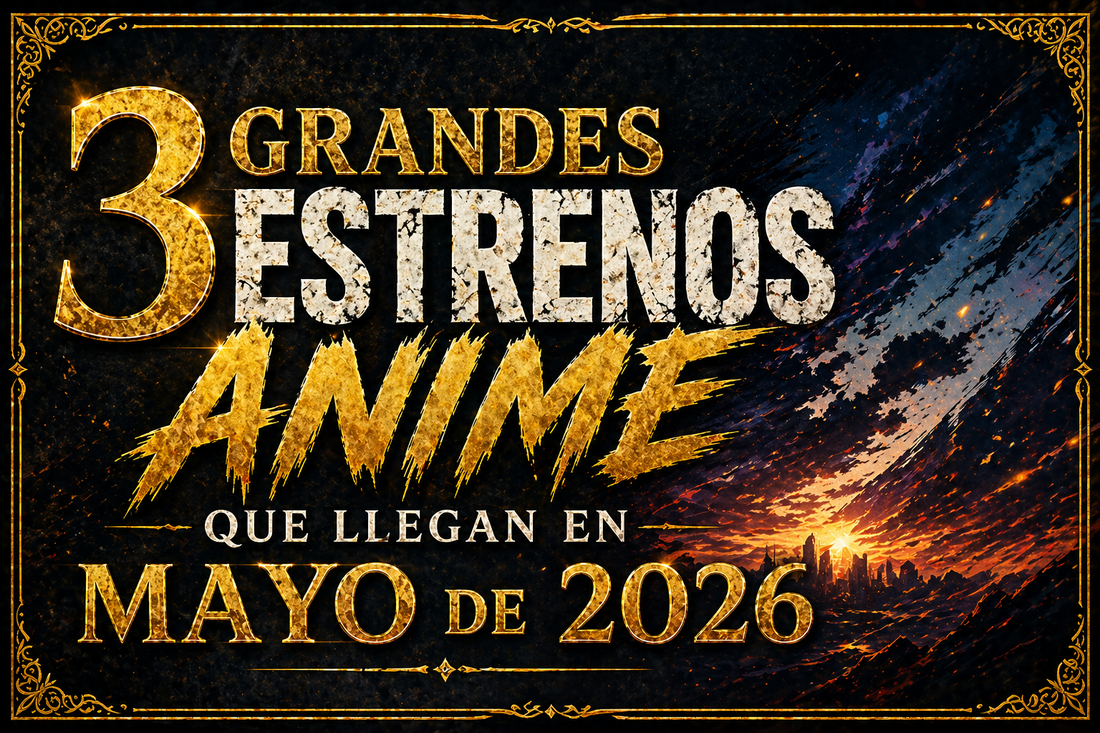 Una imagen con un paisaje de rojo y azul en el fondo, que dice "3 Grandes Estrenos Anime que llegan en Mayo de 2026" en primer plano