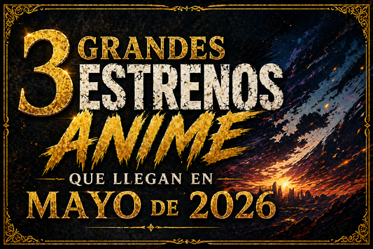 Una imagen con un paisaje de rojo y azul en el fondo, que dice "3 Grandes Estrenos Anime que llegan en Mayo de 2026" en primer plano