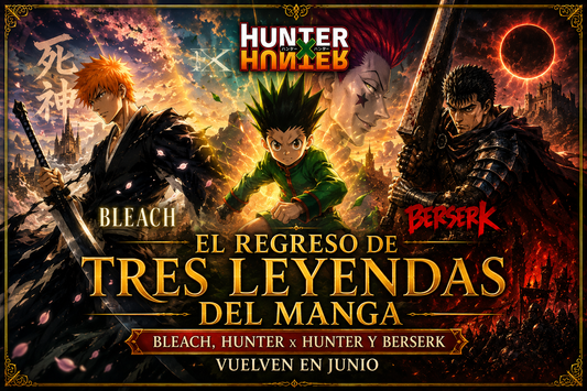 Ilustración de Bleach, Hunter x Hunter y Berserk, con sus protagonistas, y el título del artículo al frente