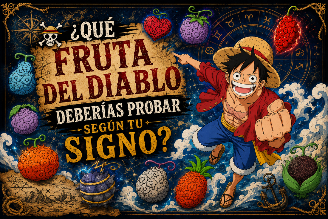 Ruffy señalando el título del artículo, rodeado de distintas frutas del diablo