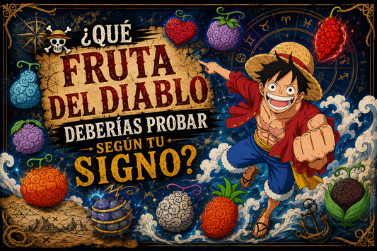 Ruffy señalando el título del artículo, rodeado de distintas frutas del diablo