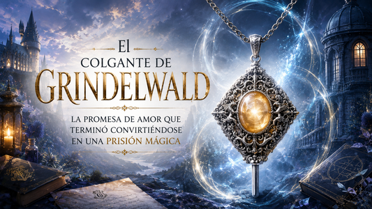 Una ilustración del collar de Grindelwald a un lado, con un fondo inspirado en el mundo de Harry Potter y el nombre del artículo al otro lado