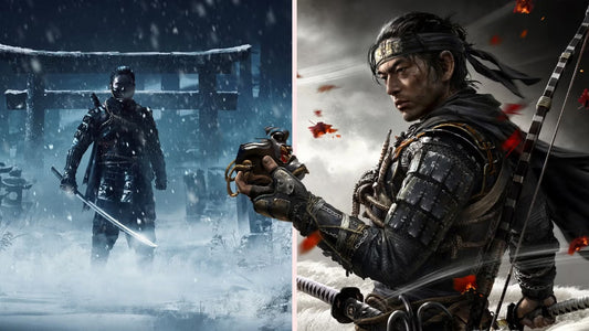 Imagen de Jin sosteniendo su espada con un Torii de fondo, en la nieve, y de él sosteniendo su máscara en un plano más cercano