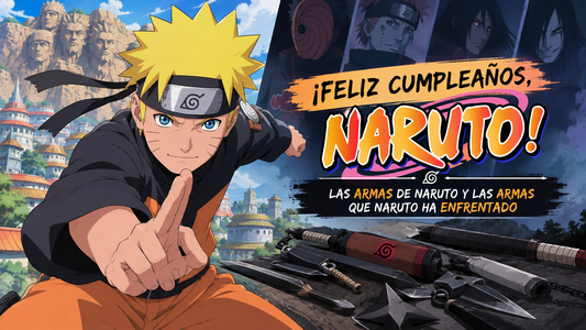 Naruto con varias armas ninjas a un lado, konoha de fondo, con las estatuas de los hokages, Orochimaru y miembros de Akatsuki también de fondos y el título del artículo frente a ellos