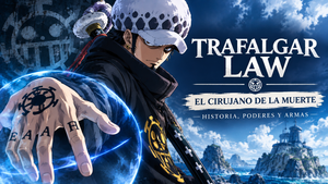 Trafalgar Law a un lado, con referencias a One Piece y el título del artículo al otro
