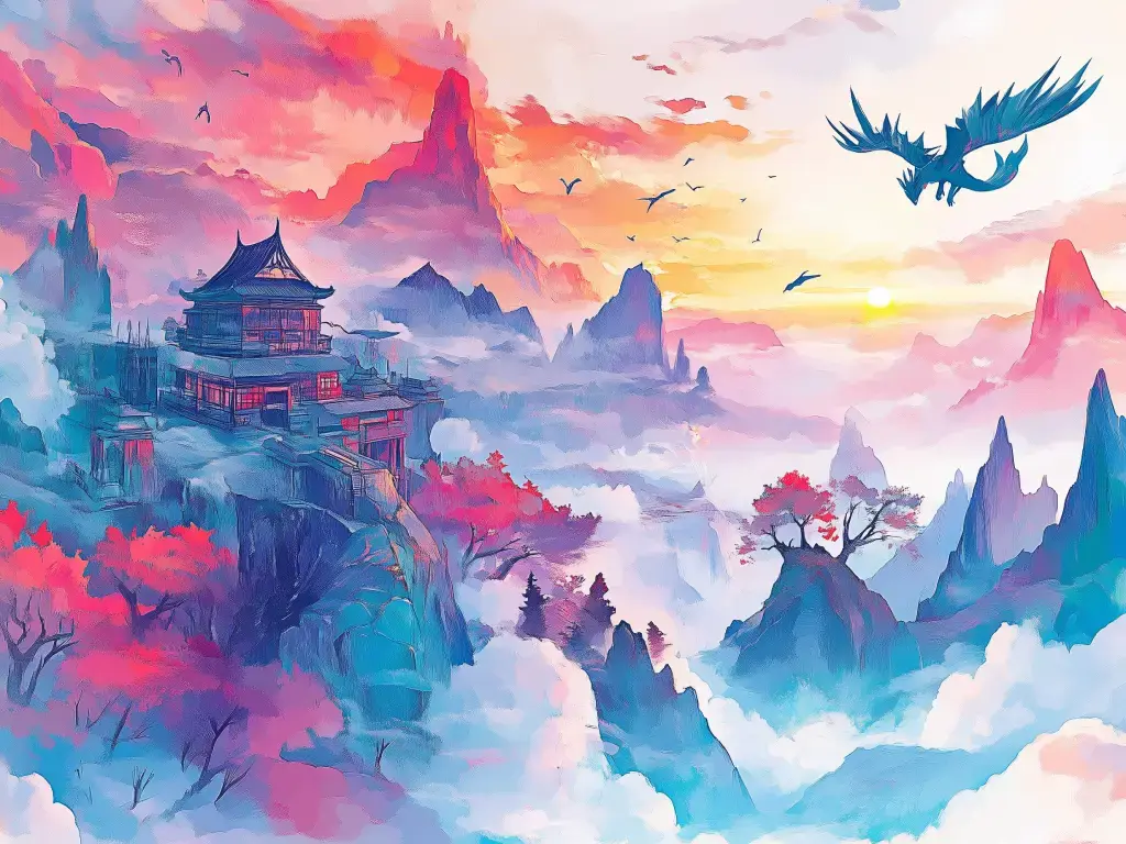 Un paisaje oriental pintado en tonos azules y rojizos, con un pokémon volando hacia un templo
