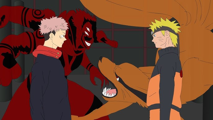 Yiji y Naruto frente a frente, con Sukuna y el Kyubi de fondo