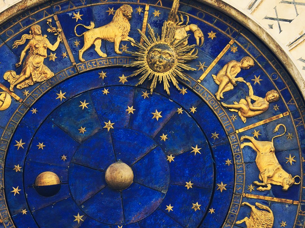 Fotos de varios signos entorno a una especie de "reloj zodiacal"