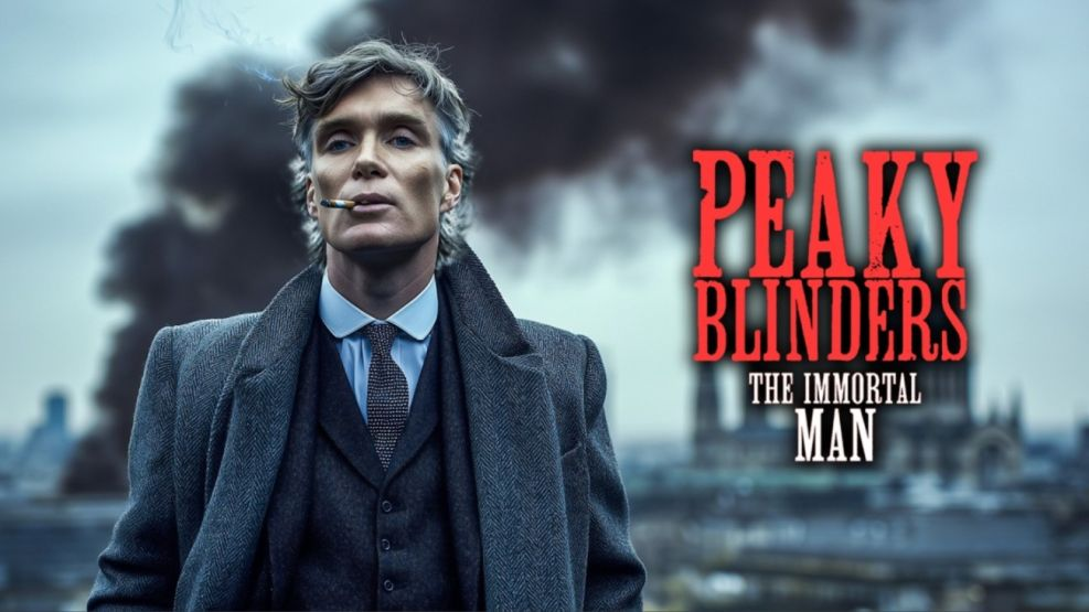 Imagen con un hombre fumando, humo en un paisaje borroso detrás y el texto "Peaky Blinders The Inmortal Man"
