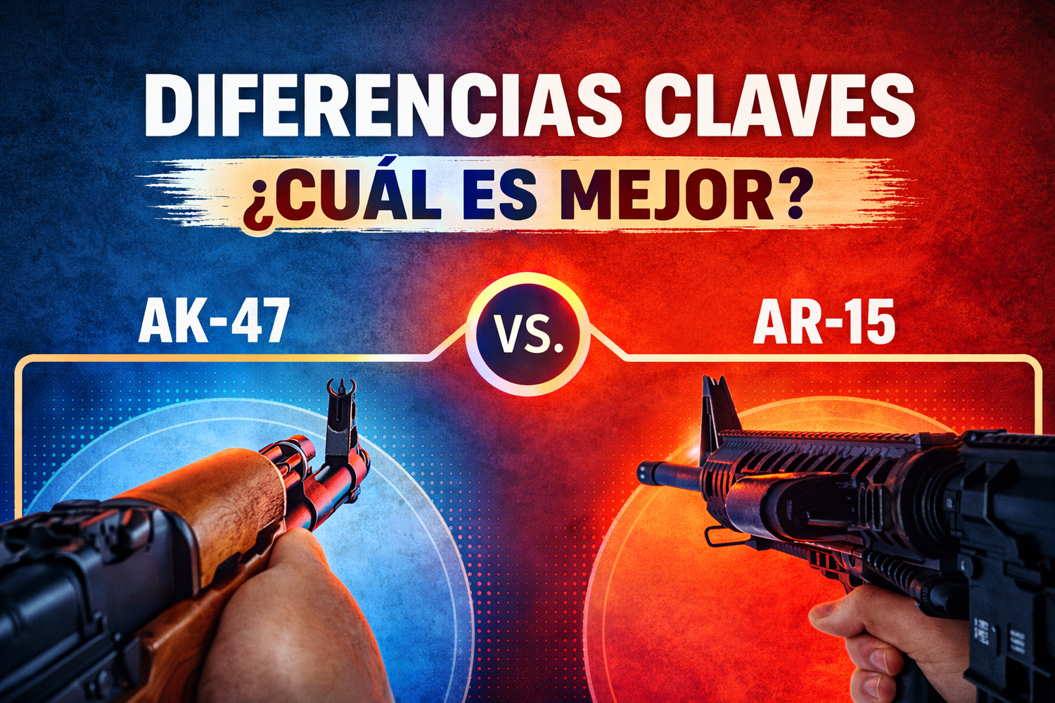 La imagen dice "Diferencias claves ¿Cuál es mejor?" y debajo AK-47 vs. AR-15, con una imagen de la mira en cada arma dónde están apuntando con ellas al centro de la imagen