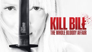 Imagen del rostro de la protagonista con su espada alzada en medio, en escala de grises, y las palabras Kill Bill: The Whole Bloody Affair en rojo