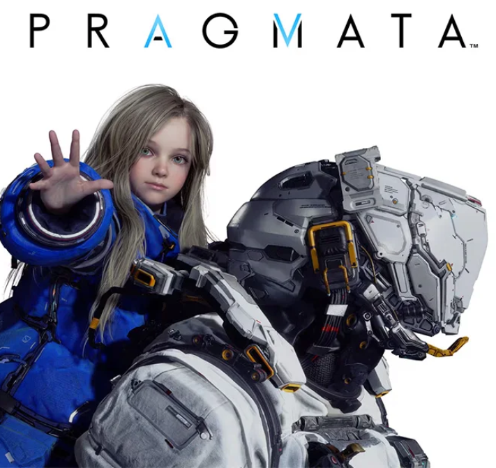 Ambos protagonistas del juego Pragmata, una niña y un hombre con traje espacial, y el título del juego escrito en la parte superior