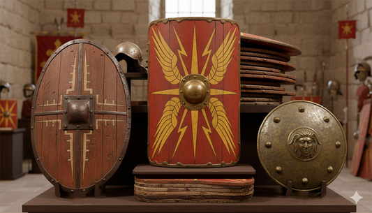 3 Escudos de diferentes formas alineados, dos de ellos Scutums
