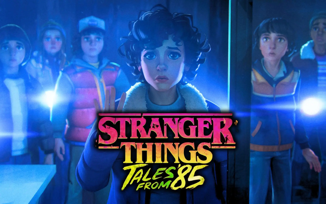 Imagen de los protagonistas en su versión animada, en tonos azules y celestes de fondo, con el título de la animación en inglés en contraste al frente