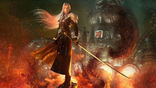 Sephiroth con su espada en mano, de pie, con el fondo de llamas y una ciudad