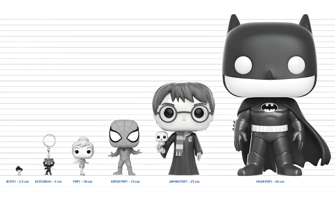Diferentes funkos alineados en blanco y negro