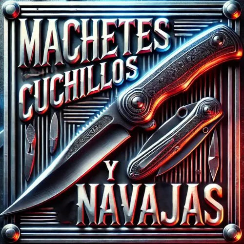 Ilustración de una navaja plegable y una navaja de bolsillo sobre un fondo metálico. El texto dice MACHETES CUCHILLOS Y NAVAJAS en letras estilizadas y en negrita. El diseño tiene un aire vintage y resistente.