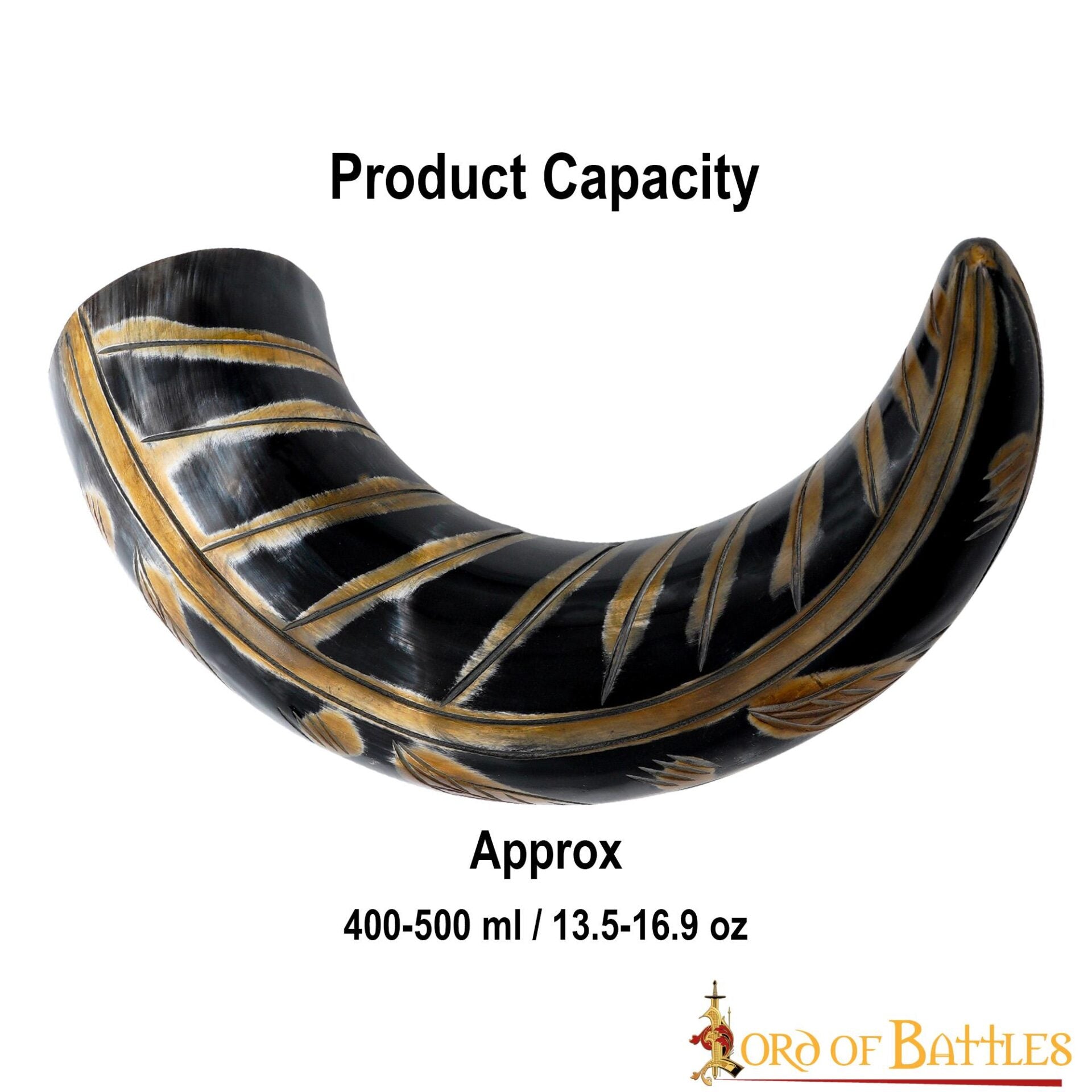 Cuerno para Beber Vikingo Medieval 400 - 500 Ml con Diseños Grabados Cuerno de Buey Auténtico Hecho a Mano - Imagen 3