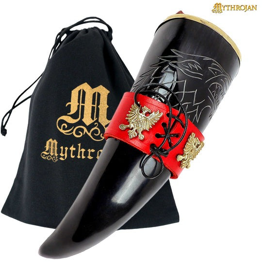 Mythrojan el Rey del Norte 300 Ml Cuerno para Beber con Soporte de Cuero Rojo - Imagen 1