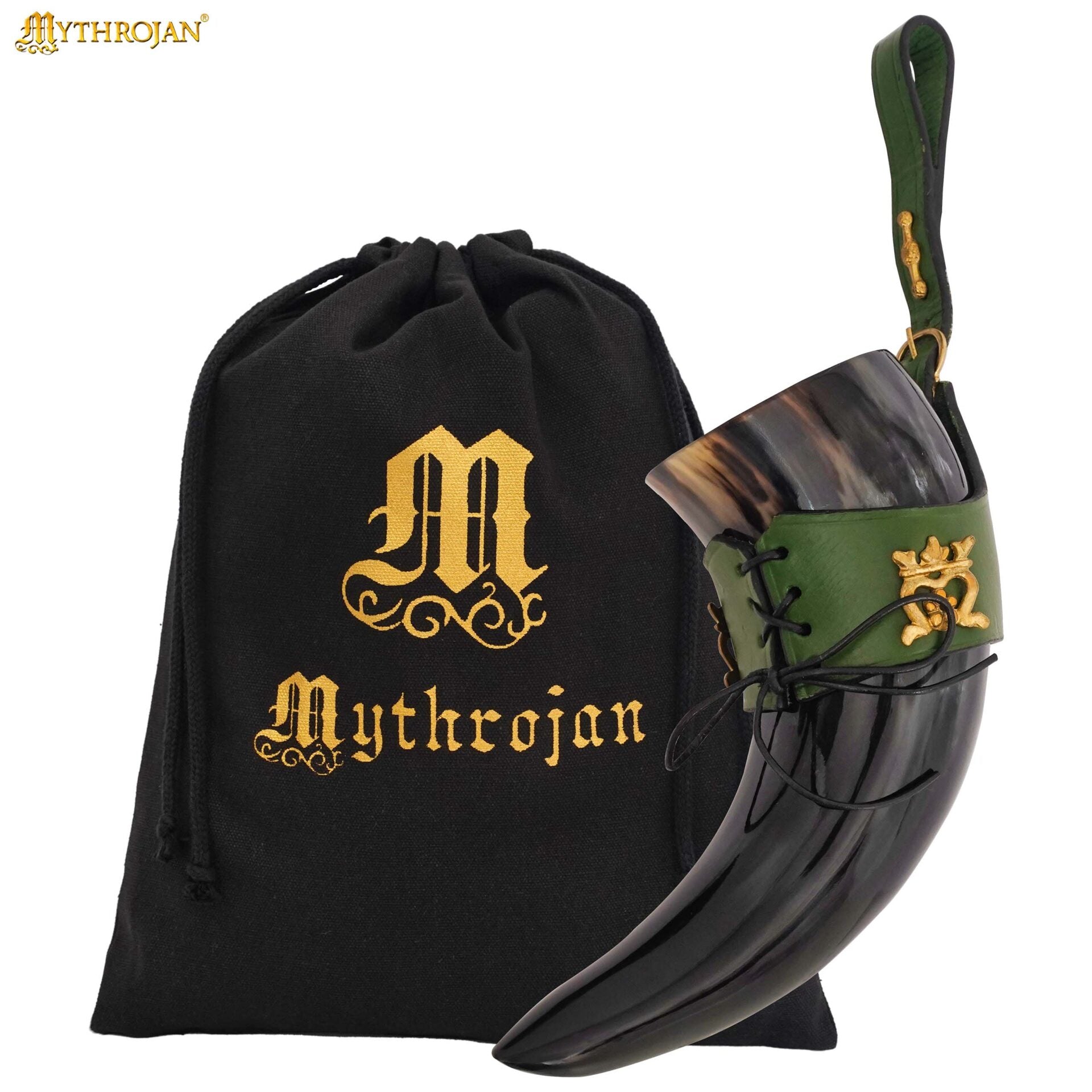 Mythrojan The Elegant Lady 250 Ml Cuerno Vikingo para Beber con Funda de Cuero Verde - Imagen 1