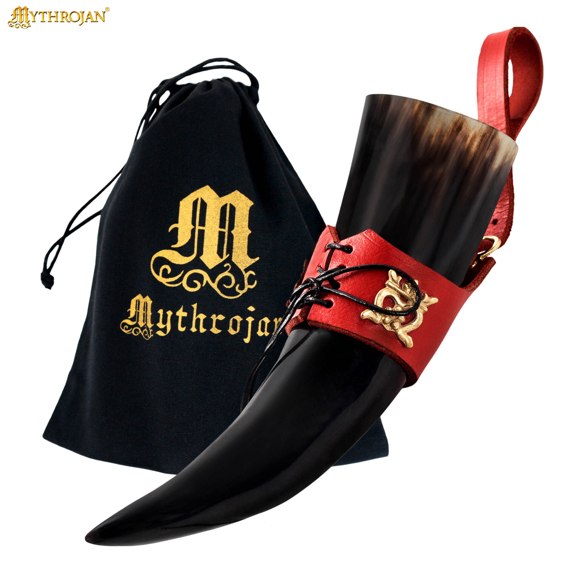 Mythrojan The Elegant Lady 250 Ml Cuerno Vikingo para Beber con Soporte de Cuero Rojo - Imagen 1
