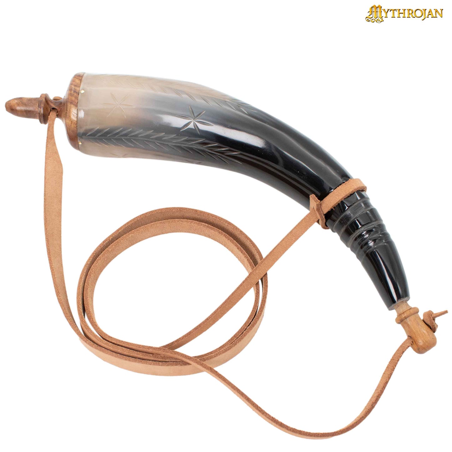 Mythrojan Pólvora Tallada a Mano 14" Cuerno con Correa de Cuero Natural - Imagen 1