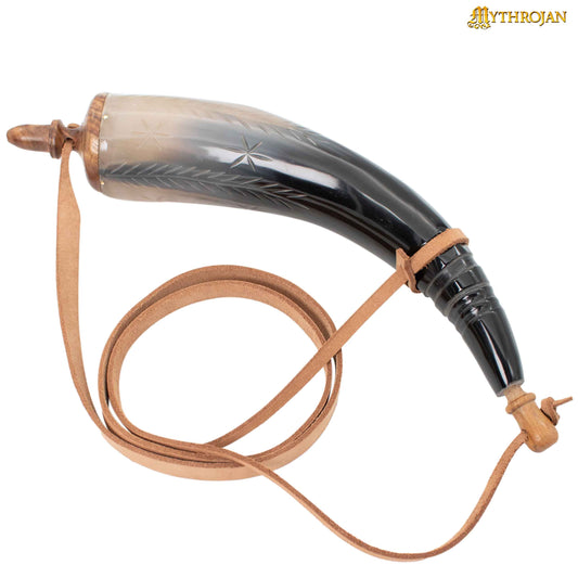 Mythrojan Pólvora Tallada a Mano 14" Cuerno con Correa de Cuero Natural - Imagen 1