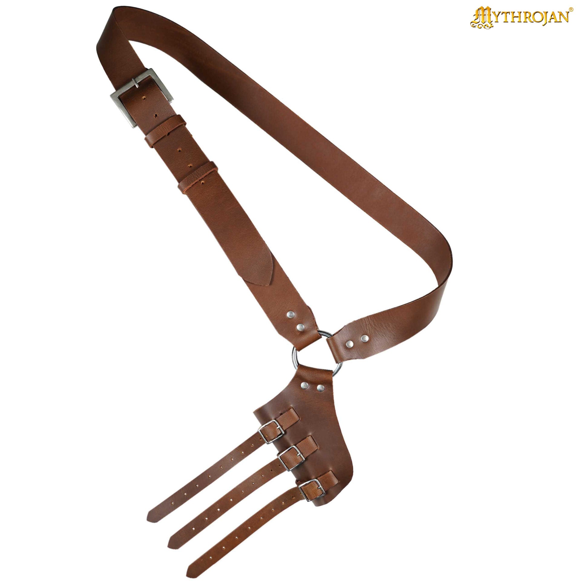 Mythrojan Baldric Cinturón de Espada de Cuero Funda Daga Medieval - Mano Derecha Marrón - Imagen 1