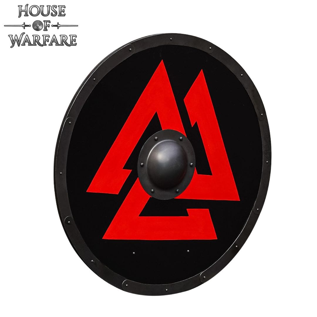 Escudo Vikingo Valknut - Escudo Redondo de Madera con el Símbolo de Odín y Jefe de Acero - Imagen 1