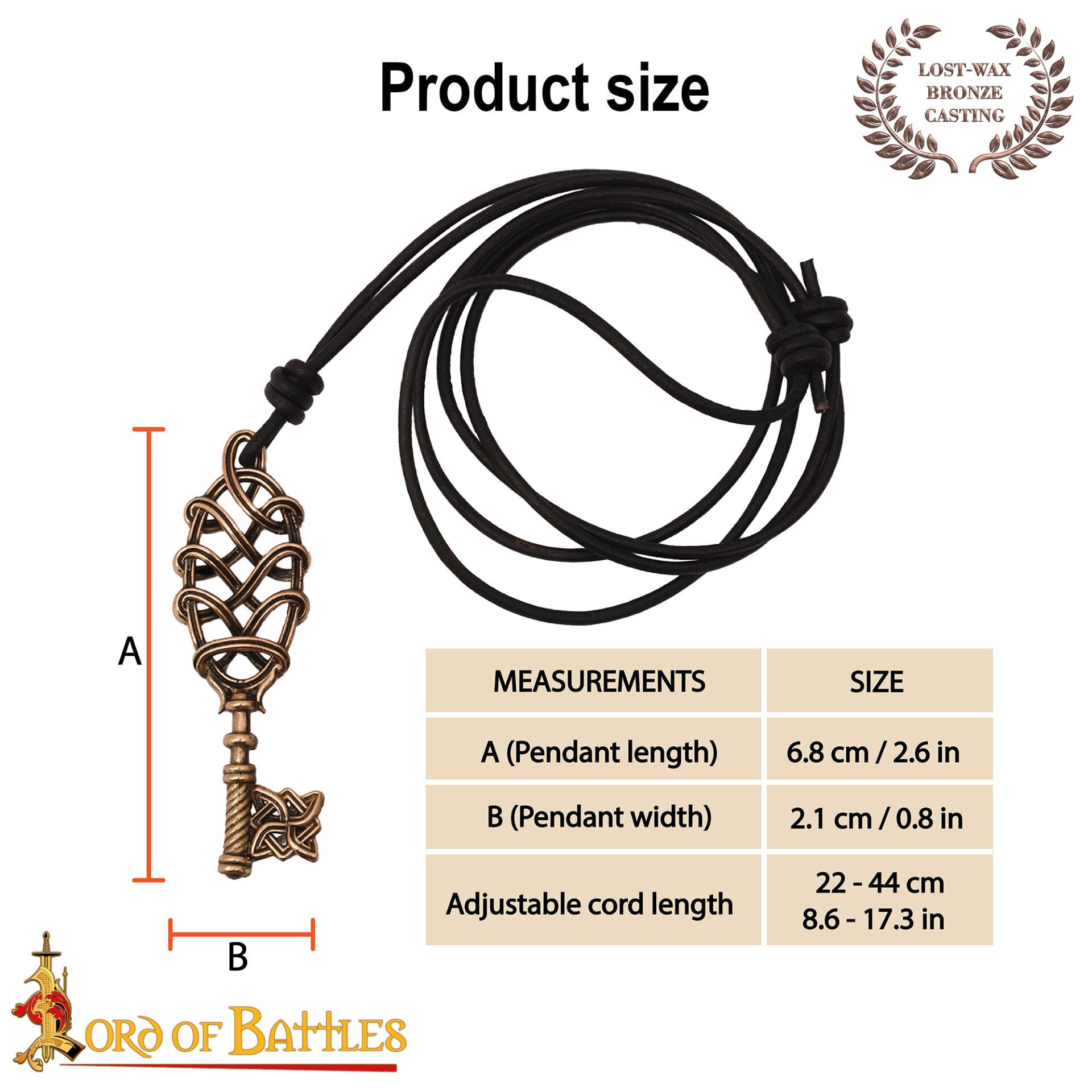 Collar Colgante Llave Vikinga de Bronce - Fundición a la Cera Perdida con Cordón de Cuero Ajustable - Imagen 3