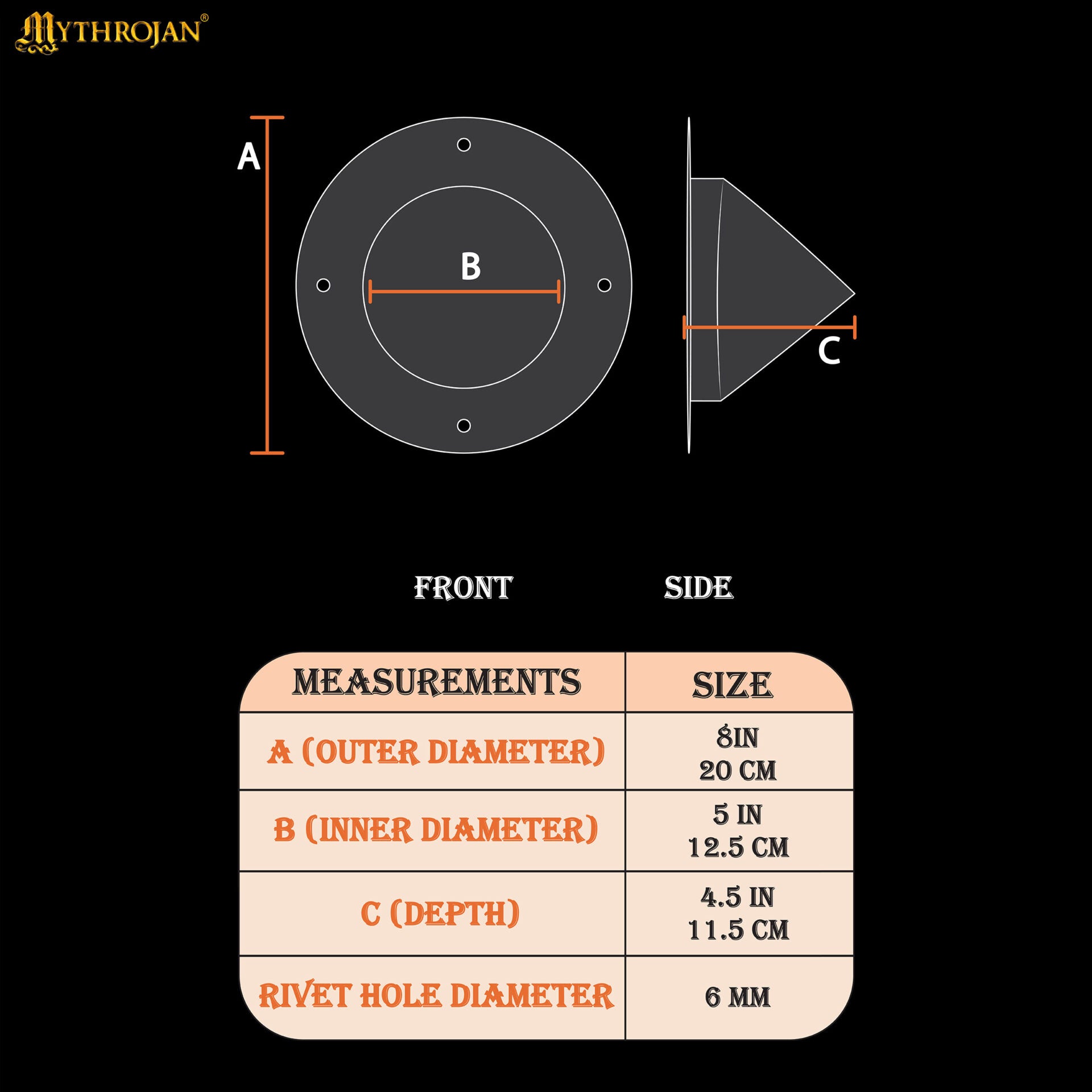 Jefe de Escudo Germánico - 8" Negro Antiguo, Acero Forjado a Mano con Remaches de Montaje - Imagen 3