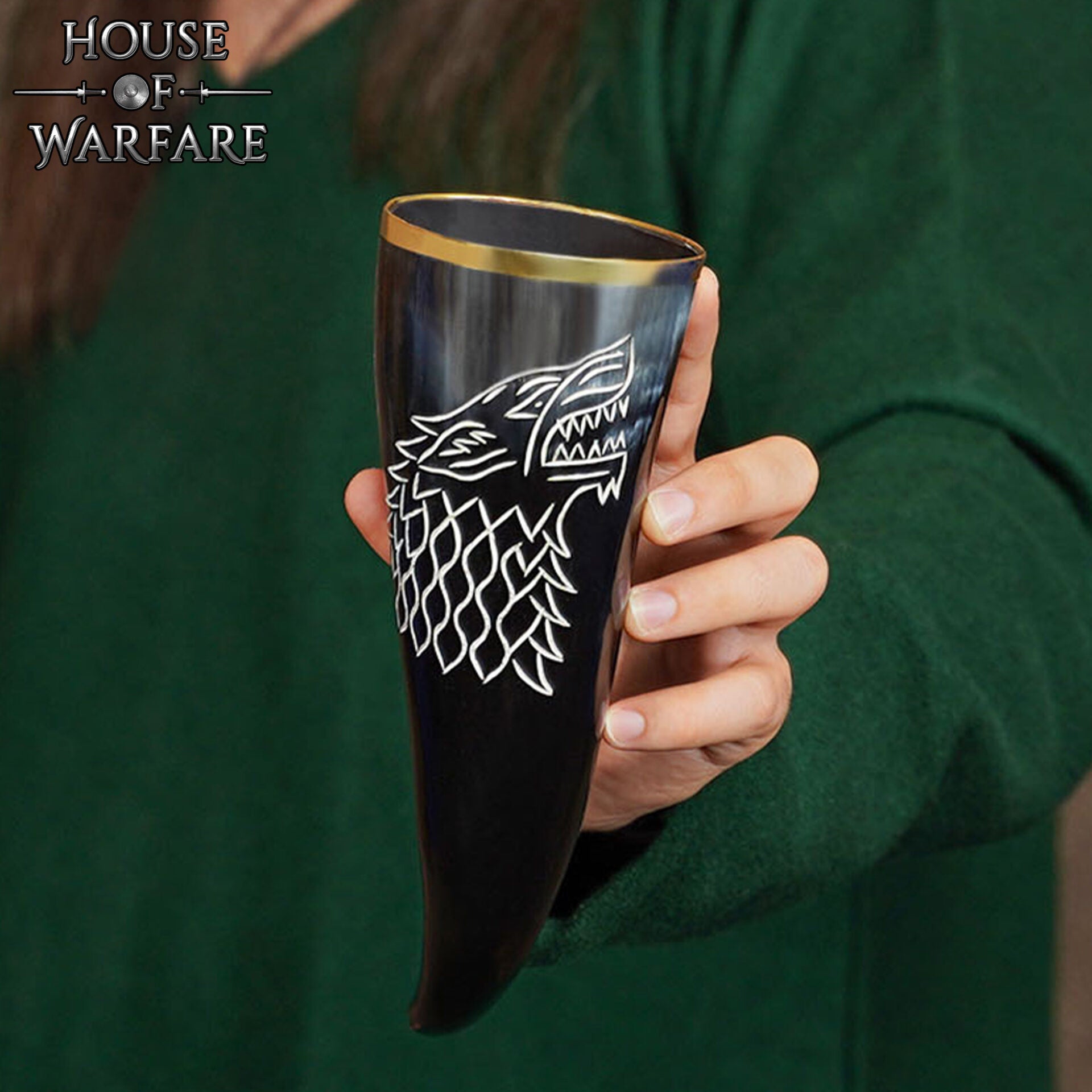 Cuerno Vikingo para Beber con Grabado y Diseño de Lobo - para Larp, Temas Vikingos - Imagen 1