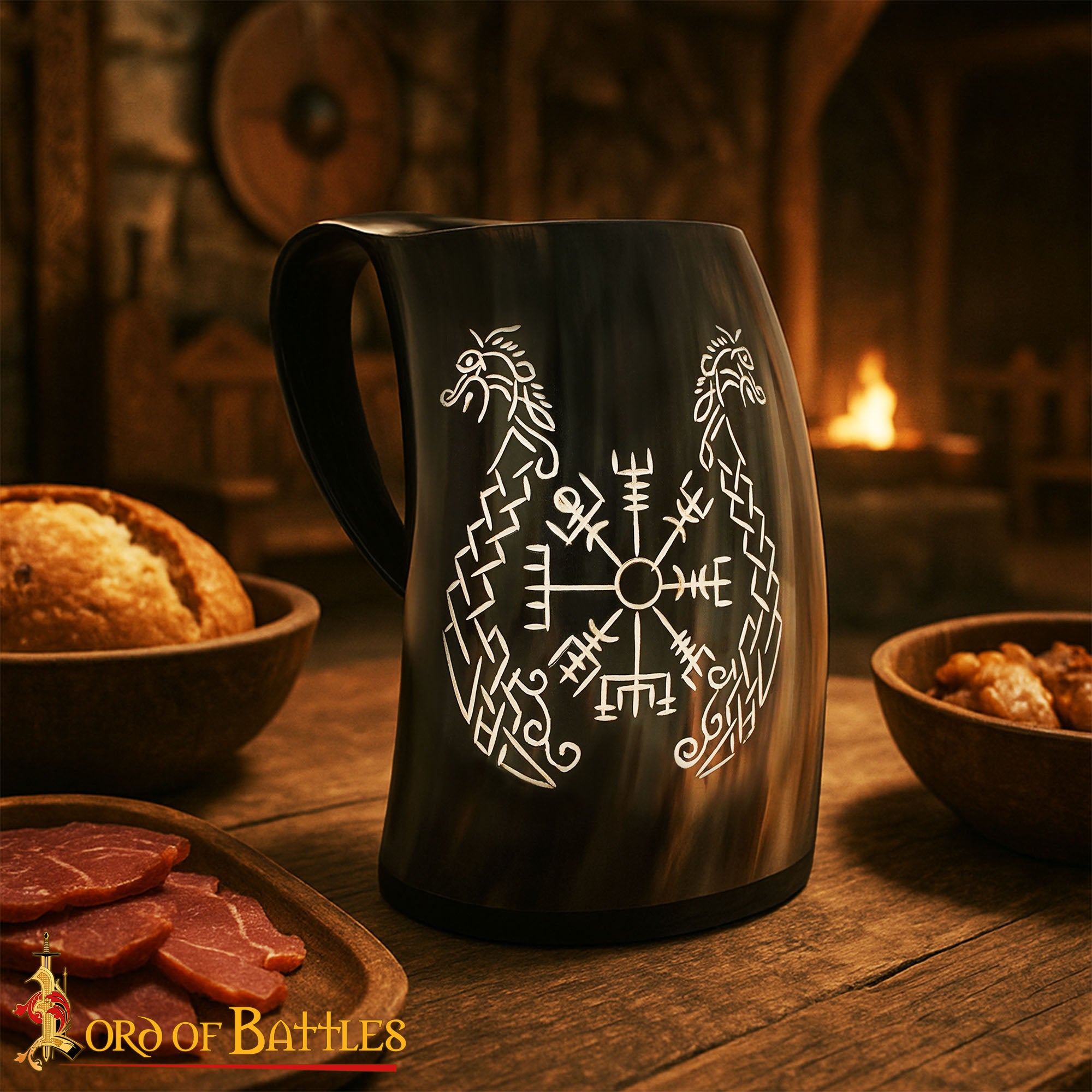 Viking Drinking Horn Tankard- Hecho a Mano con Grabado - Imagen 6