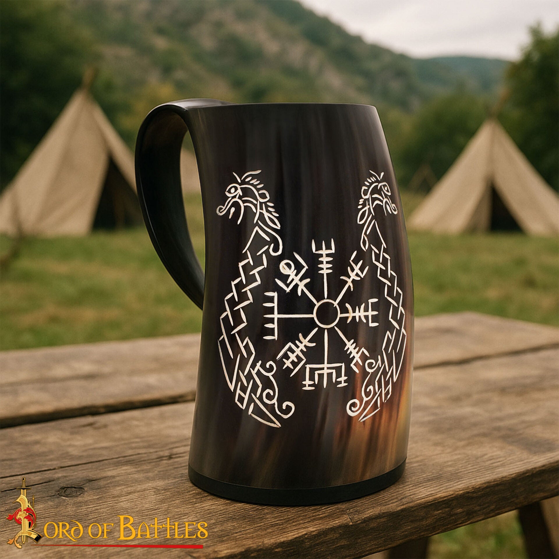 Viking Drinking Horn Tankard- Hecho a Mano con Grabado - Imagen 1