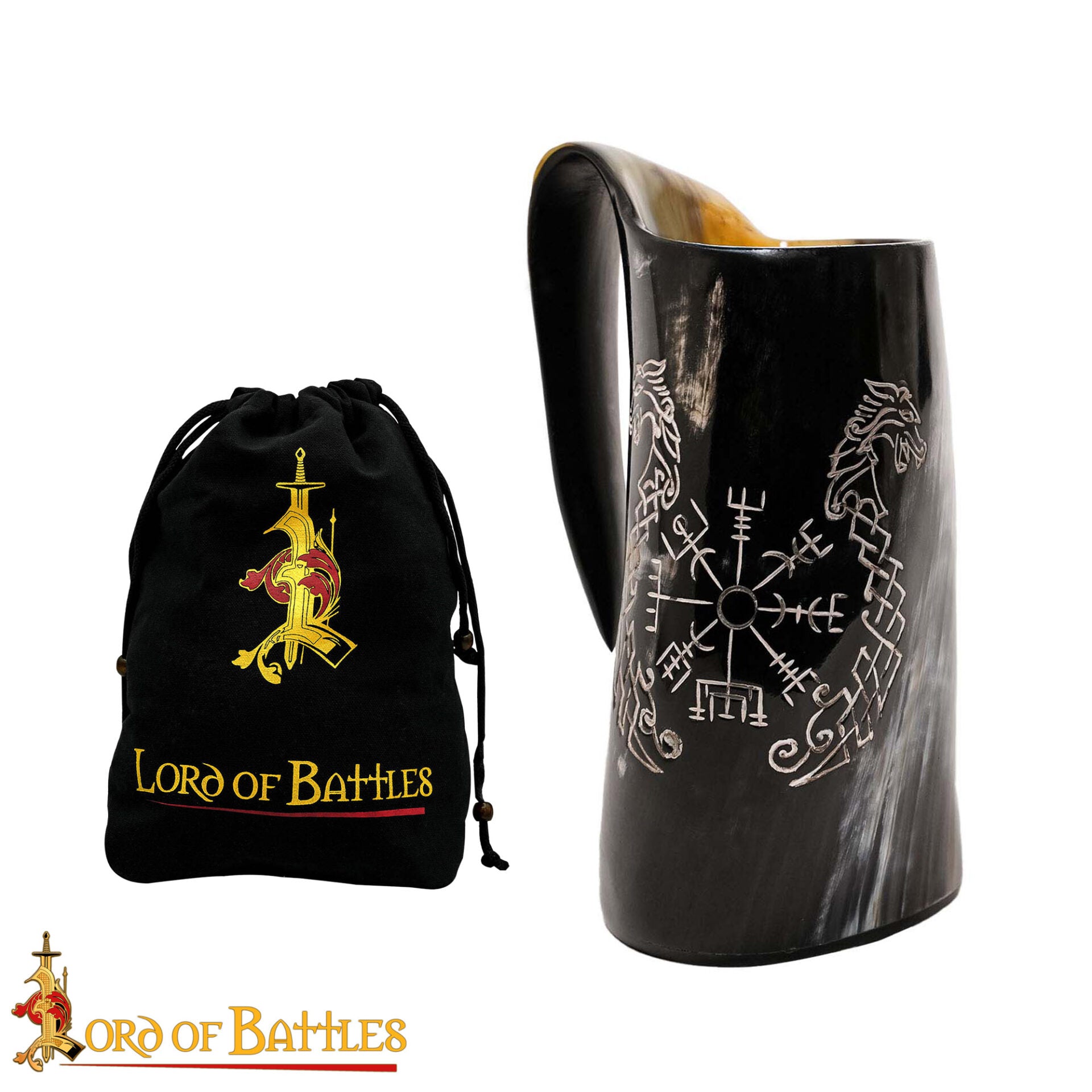 Taza de Cuerno Vikingo con Vegvisir y Grabado de Caballo Gemelo Taza de Cuerno de Buey Natural Pulido, Jarra para Hidromiel y Cerveza - Imagen 17