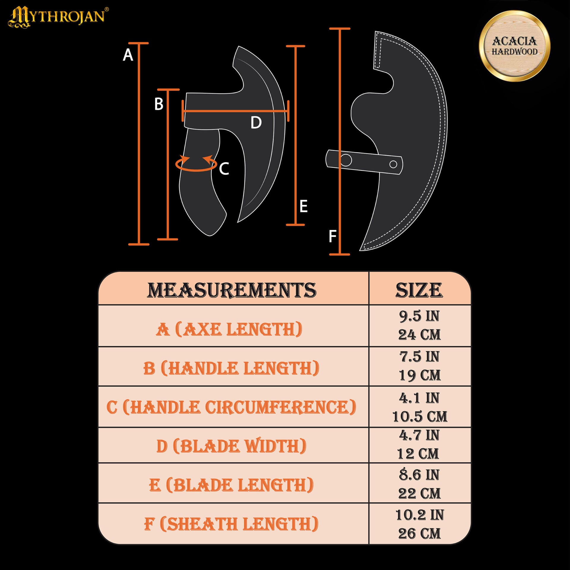 Mythrojan Hacha Vikinga para Pizza - Cortador de Pizza de Acero Inoxidable Forjado a Mano con Mango de Acacia Maciza y Funda de Cuero - Grabado Celta - Caja de Regalo - Imagen 3