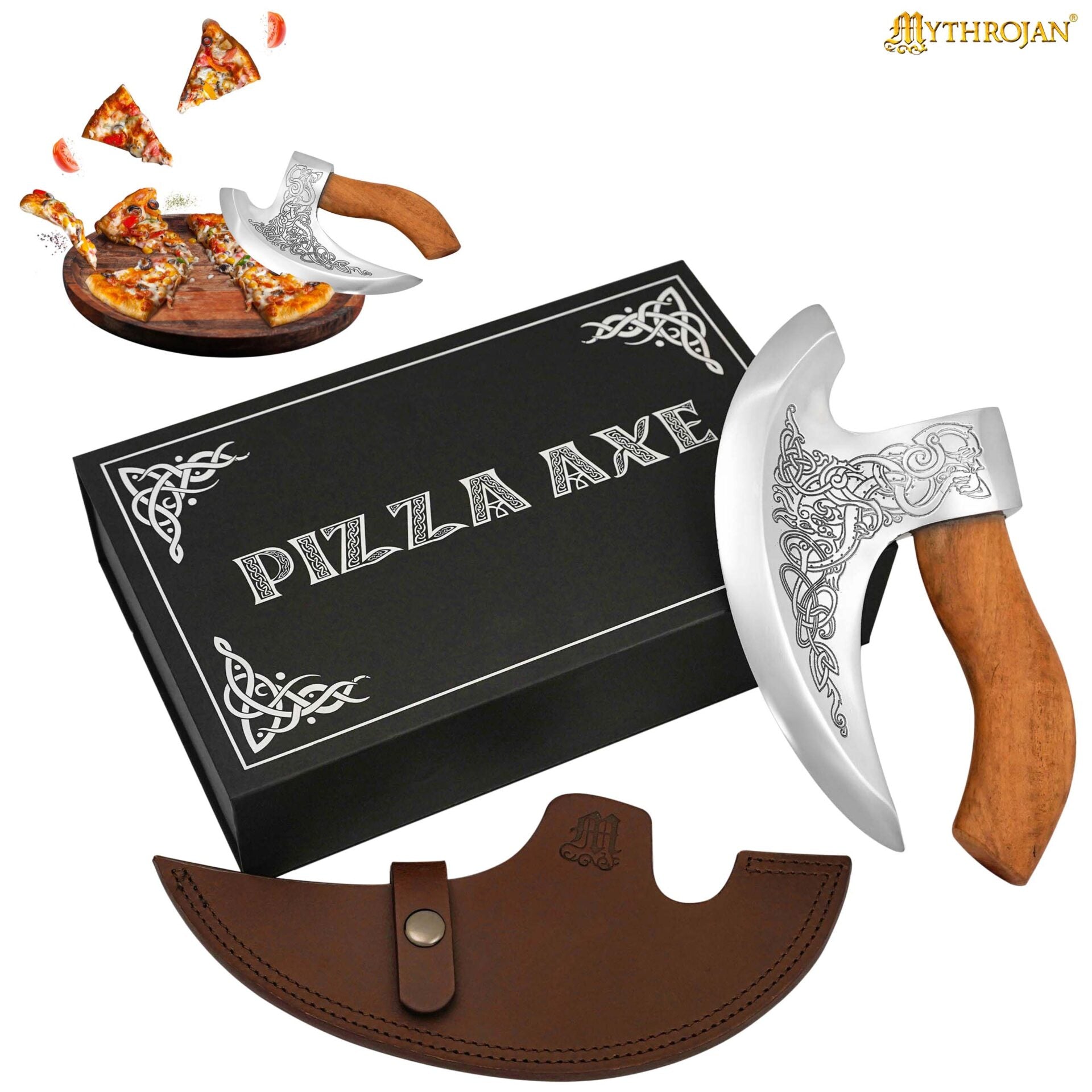 Mythrojan Hacha Vikinga para Pizza - Cortador de Pizza de Acero Inoxidable Forjado a Mano con Mango de Acacia Maciza y Funda de Cuero - Grabado Celta - Caja de Regalo - Imagen 4