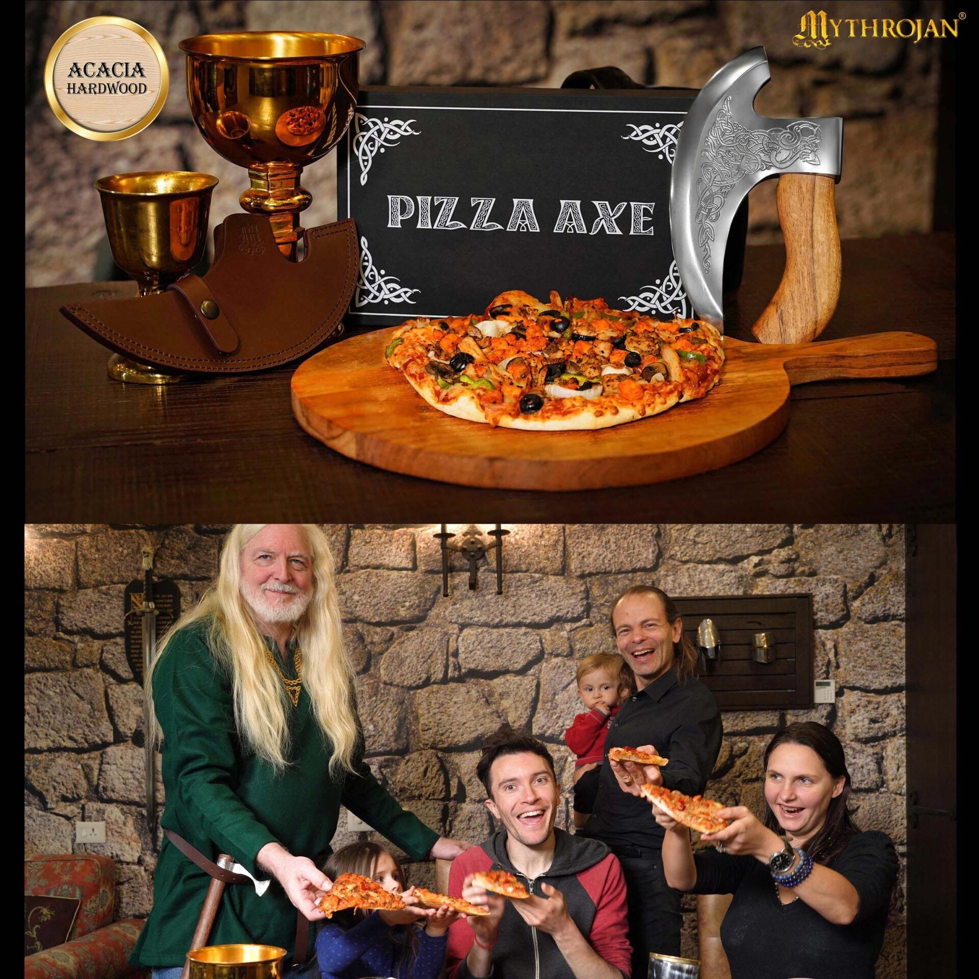Mythrojan Hacha Vikinga para Pizza - Cortador de Pizza de Acero Inoxidable Forjado a Mano con Mango de Acacia Maciza y Funda de Cuero - Grabado Celta - Caja de Regalo - Imagen 6