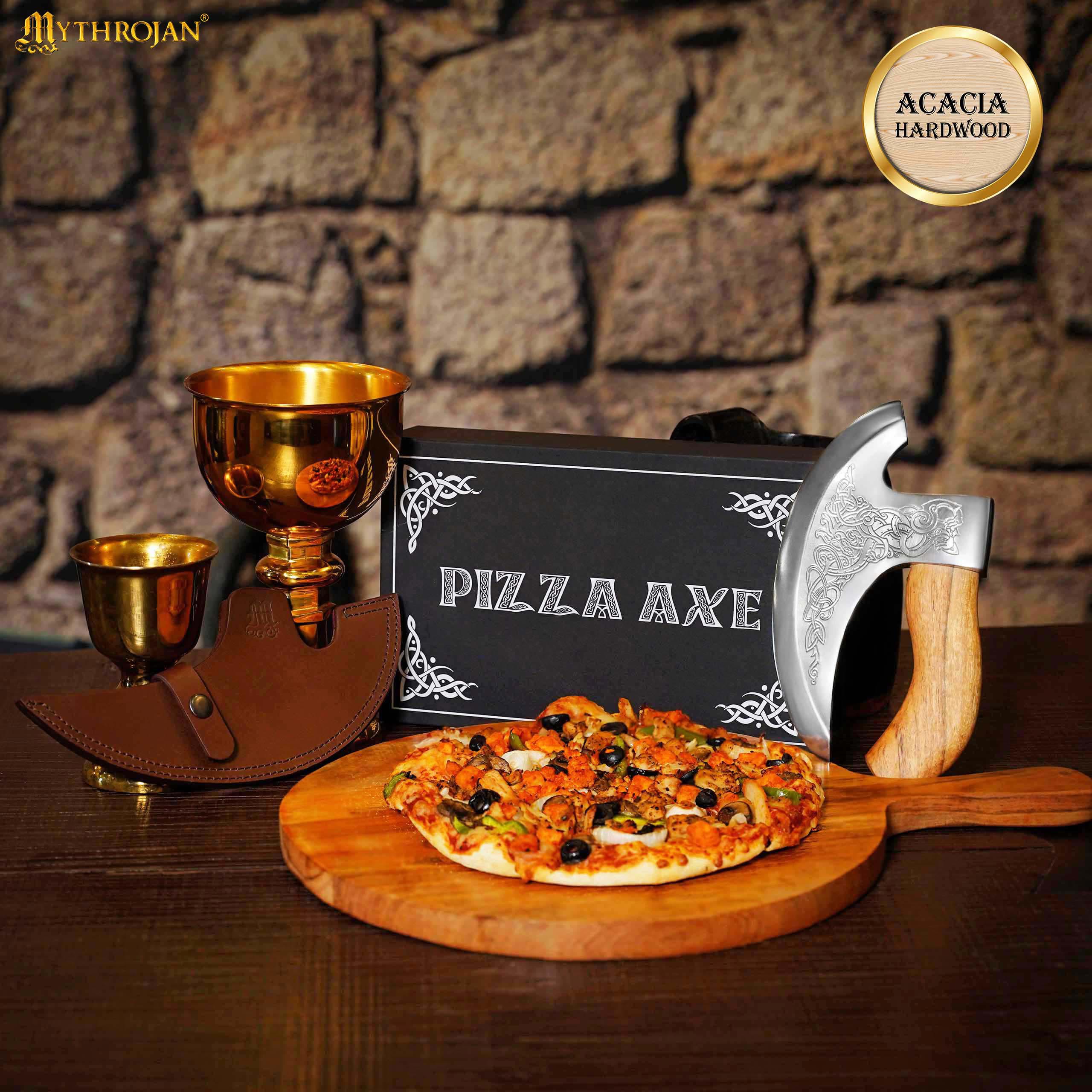 Mythrojan Hacha Vikinga para Pizza - Cortador de Pizza de Acero Inoxidable Forjado a Mano con Mango de Acacia Maciza y Funda de Cuero - Grabado Celta - Caja de Regalo - Imagen 2