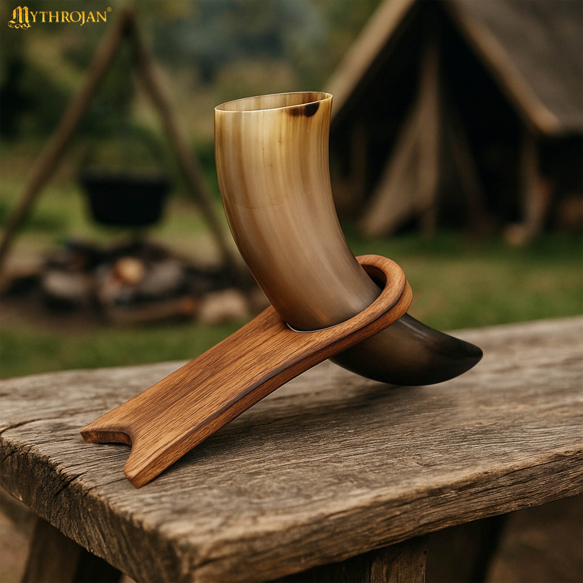 Mythrojan Estante de Cuerno para Beber de Madera Maciza | Acabado Natural Soporte Vikingo para Aguamiel | Soporte Medieval para Cuerno - Imagen 2