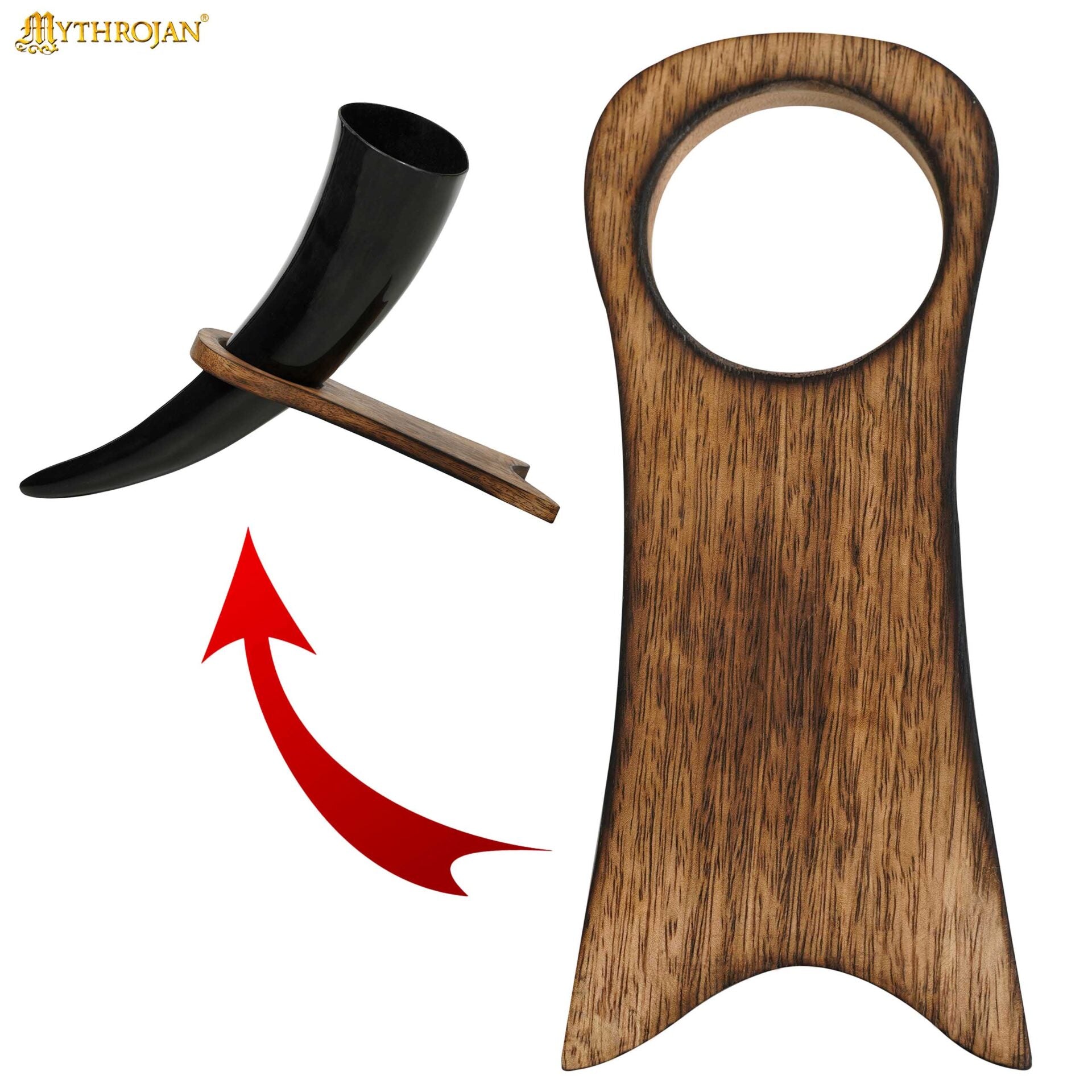 Mythrojan Estante de Cuerno para Beber de Madera Maciza | Acabado Natural Soporte Vikingo para Aguamiel | Soporte Medieval para Cuerno - Imagen 5
