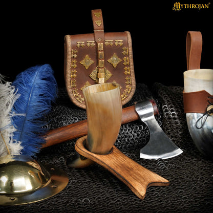 Mythrojan Estante de Cuerno para Beber de Madera Maciza | Acabado Natural Soporte Vikingo para Aguamiel | Soporte Medieval para Cuerno - Imagen 7
