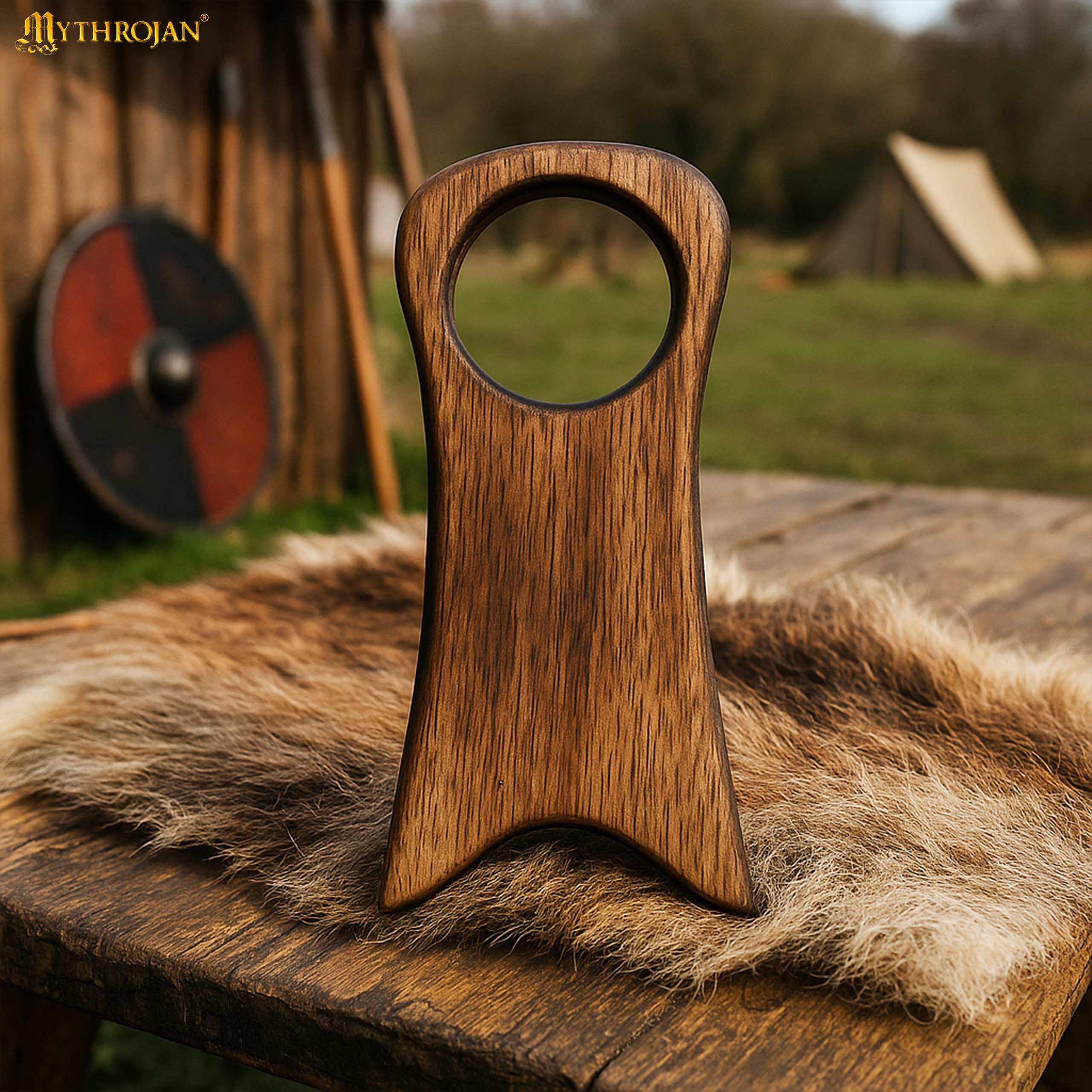 Mythrojan Estante de Cuerno para Beber de Madera Maciza | Acabado Natural Soporte Vikingo para Aguamiel | Soporte Medieval para Cuerno - Imagen 1