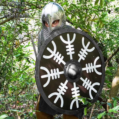 Escudo Vikingo de Madera con Yelmo de Pavor Diseño Aegishjalmur -escudo de Batalla Redondo Pintado - Escudo Medieval Funcional - Imagen 2