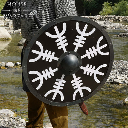 Escudo Vikingo de Madera con Yelmo de Pavor Diseño Aegishjalmur -escudo de Batalla Redondo Pintado - Escudo Medieval Funcional - Imagen 6
