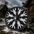 Escudo Vikingo de Madera con Yelmo de Pavor Diseño Aegishjalmur -escudo de Batalla Redondo Pintado - Escudo Medieval Funcional - Imagen 1