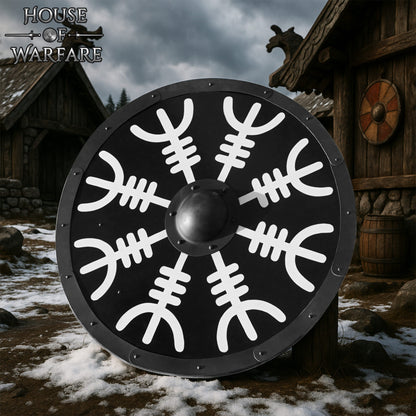 Escudo Vikingo de Madera con Yelmo de Pavor Diseño Aegishjalmur -escudo de Batalla Redondo Pintado - Escudo Medieval Funcional - Imagen 1