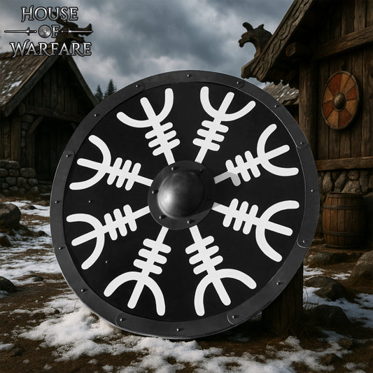 Escudo Vikingo de Madera con Yelmo de Pavor Diseño Aegishjalmur -escudo de Batalla Redondo Pintado - Escudo Medieval Funcional - Imagen 1